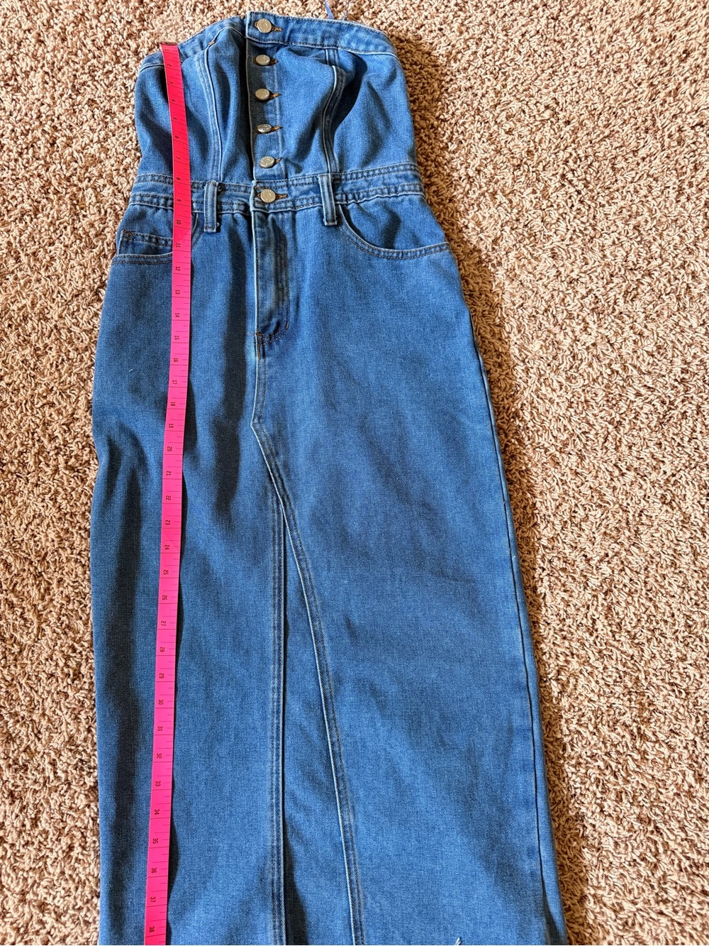 Denim Button-Front Strapless Midi Dress - Blue